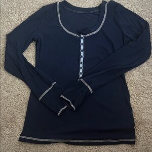 Women’s Navy Long-Sleeve Henley Top with Contrast Stitching